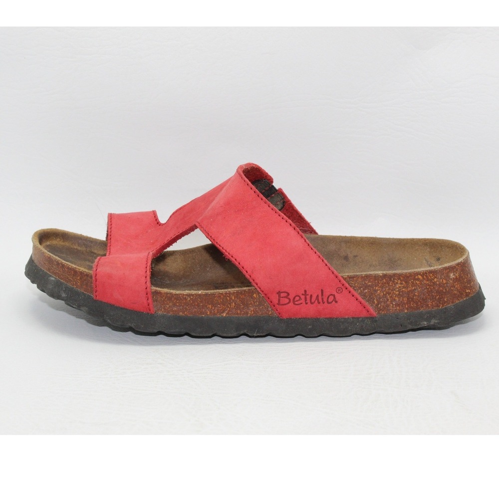 SINGLE SHOE Betula Birkenstock Womens 38 L7 Red Nubuck Leather Cork Slide Sandal
